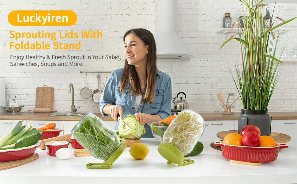 Young beautiful woman Sprouting fresh Microgreen sprout with Sprouting Lid and bottle. Healthy food