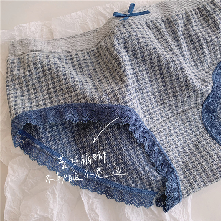 帮手描述图：日系格子少女内裤中腰无缝石墨烯纯棉裆蕾丝边提臀可