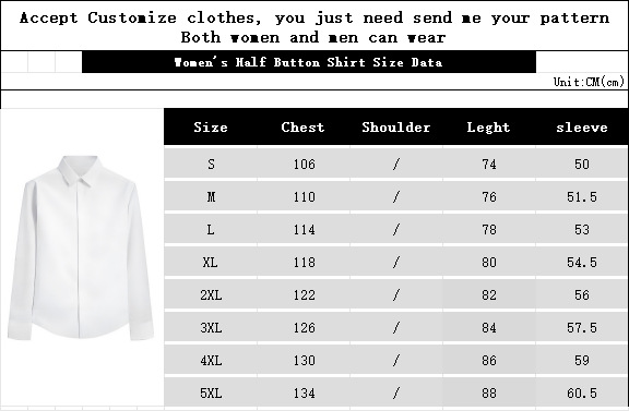 女士半扣衬衫尺码数据