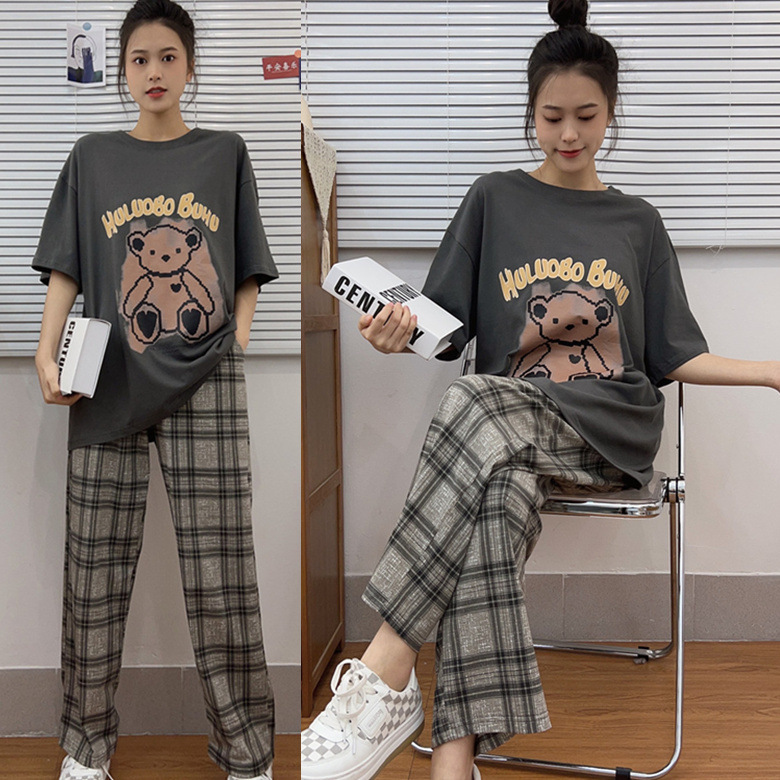 棕爱心熊灰格裤短长