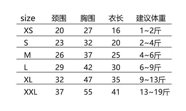 尺寸表小