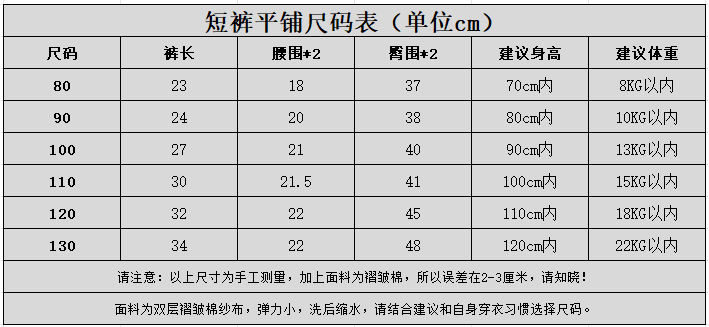 短裤尺码表