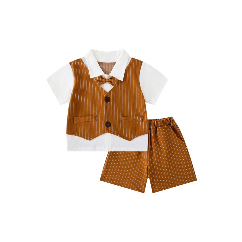 啡竖条绅士小西装翻领领结短袖套装.jpg