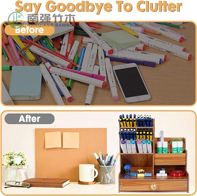 木制办公桌收纳盒,桌面文具支架,用于笔标记,化妆刷,口红存储