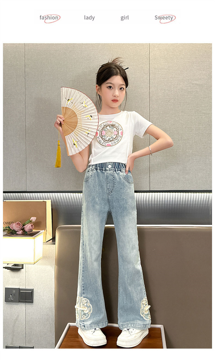 女童国风刺绣阔腿裤