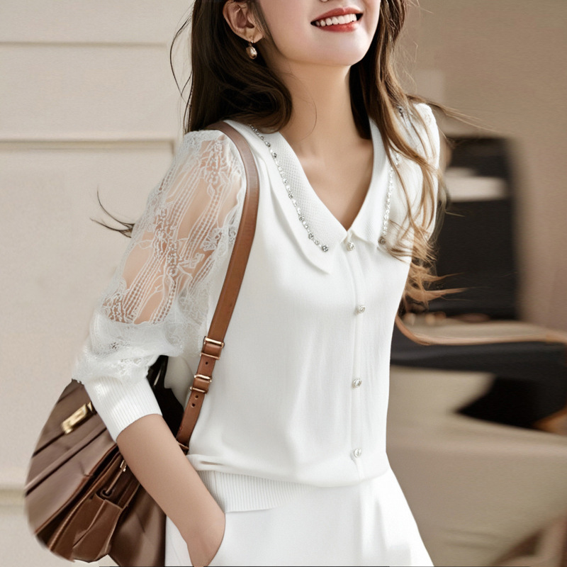 实拍！实拍！有大图！2025秋冬新V领针织上衣蕾丝纱袖娃娃领