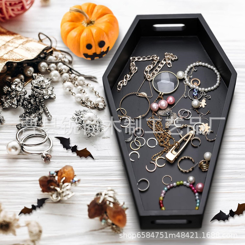 木质棺材托盘万圣节黑色托盘哥特式浴托盘浴室蜡烛水晶收纳盒BS