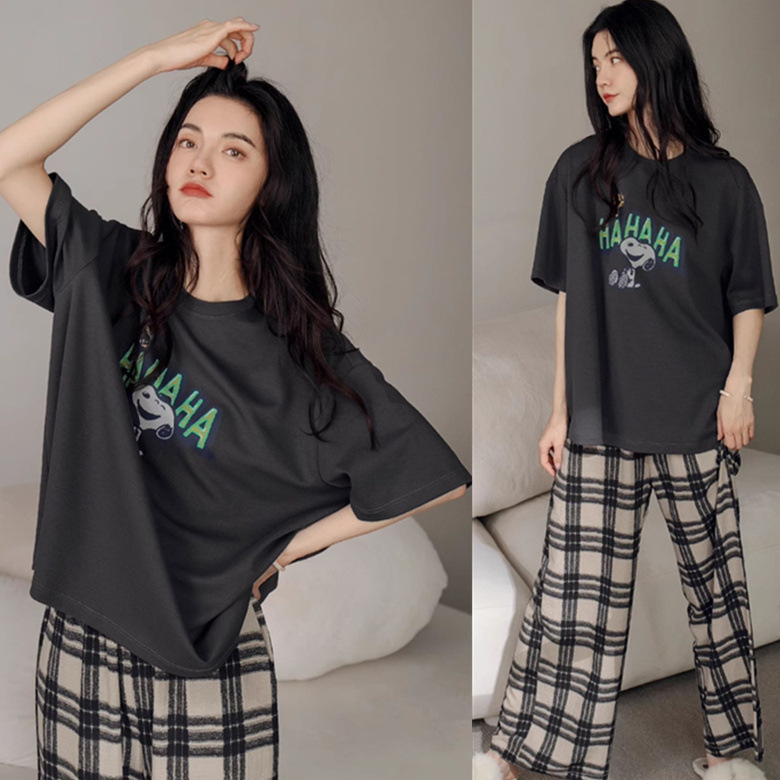 深灰绿字母史努比粗米格裤短长