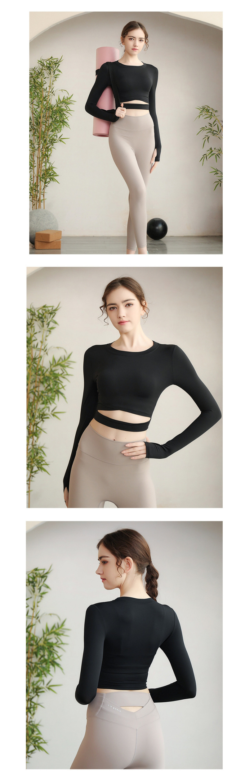 春夏新款瑜伽服-运动上衣女吸湿排汗露脐紧身跑步长袖T恤健身服