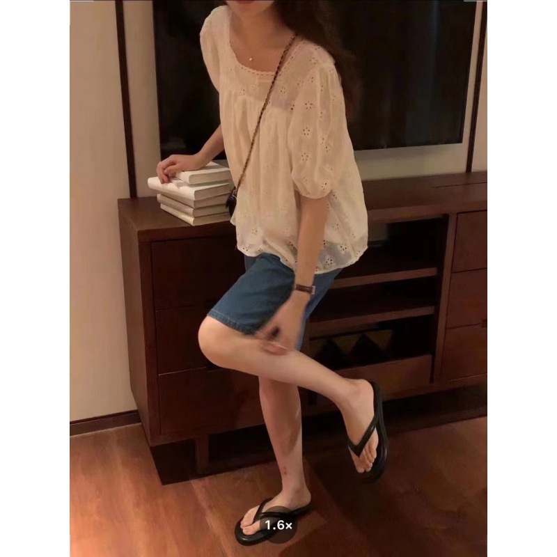韩国东大门年夏季新款时尚方领重工蕾丝边镂空刺绣衬衫上衣女_3