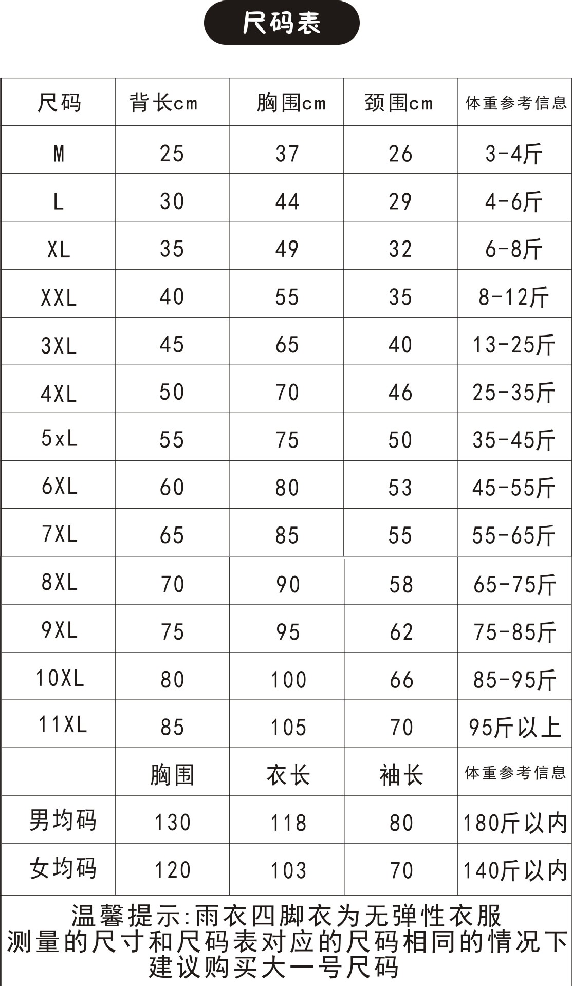 恐龙雨衣尺码表