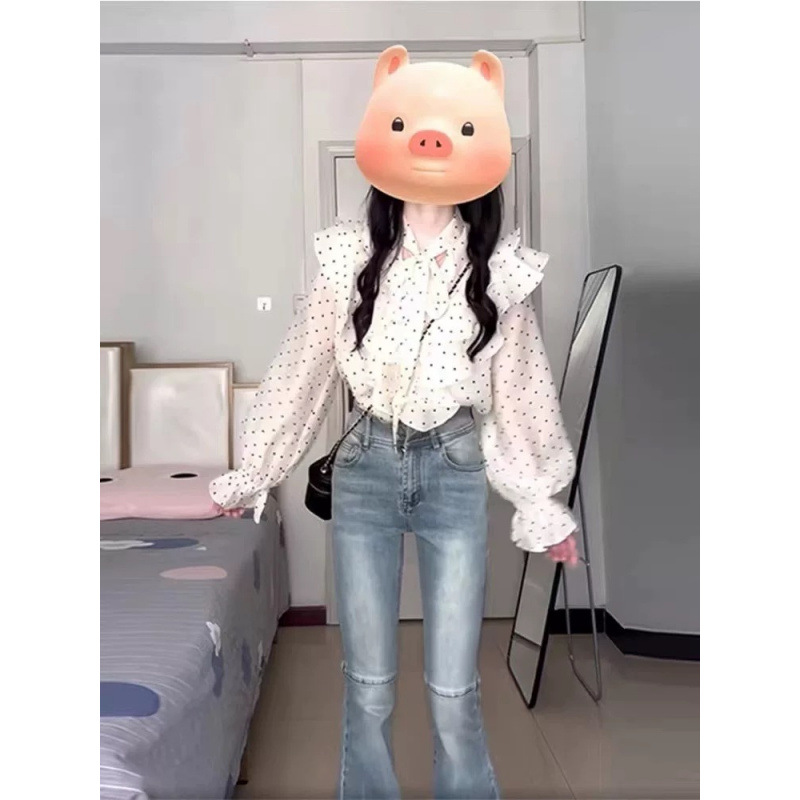 法式荷叶边波点雪纺衬衫女春秋2025新款高级感独特别致长袖上