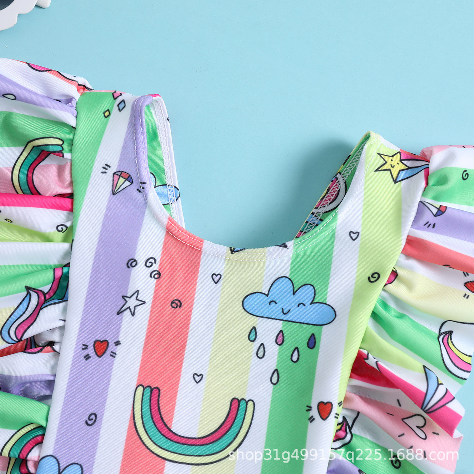 独角兽印花女童飞袖荷叶边连体女宝宝三角温泉沙滩游泳