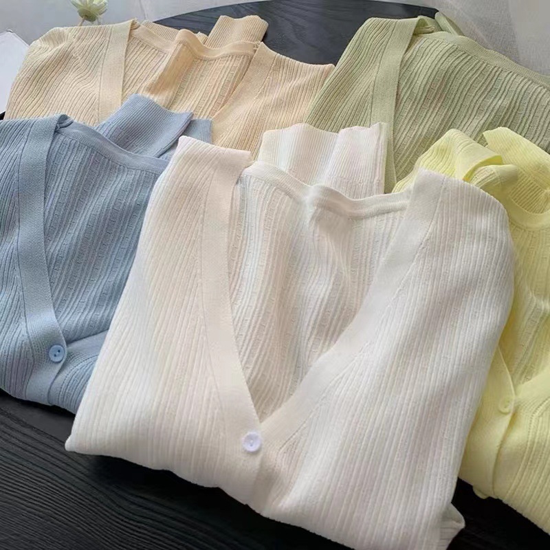 商品详情图_冰丝长袖防晒针织开衫女夏季流行新款纯色网红短款空
