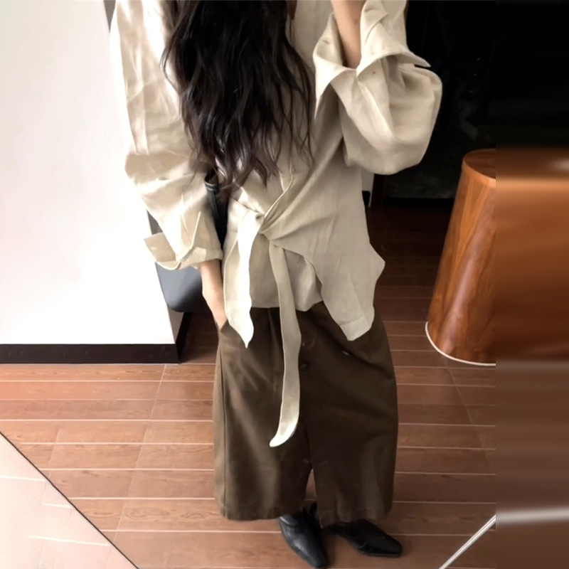 2025超火不规则极简亚麻长袖衬衫衬衣女设计感独特漂亮掐腰上