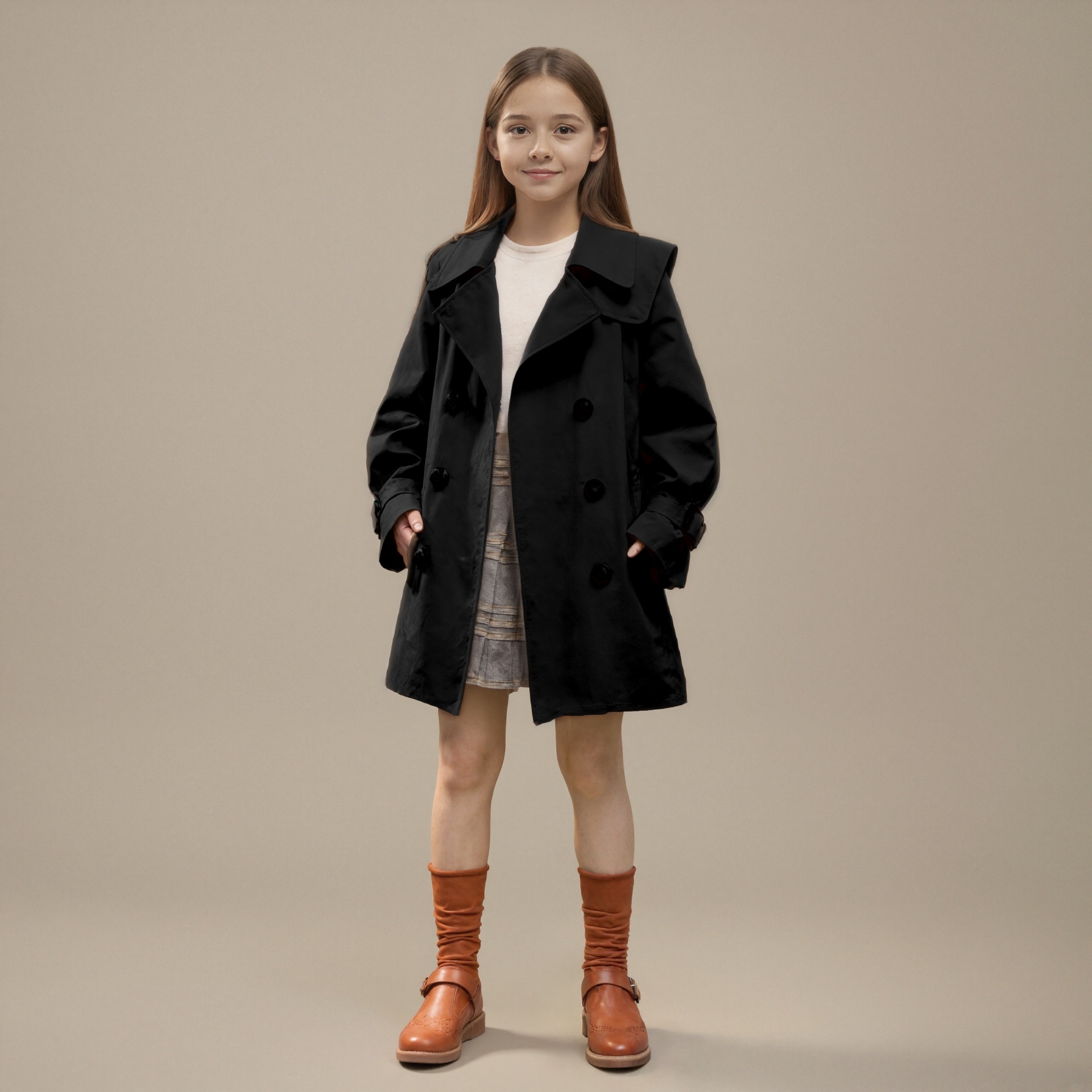 双排扣黑色风衣