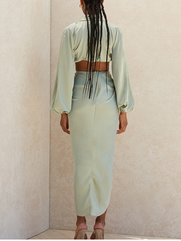 2021ins欧美亚马逊新款女装爆款两件套缎面套装上衣开叉长