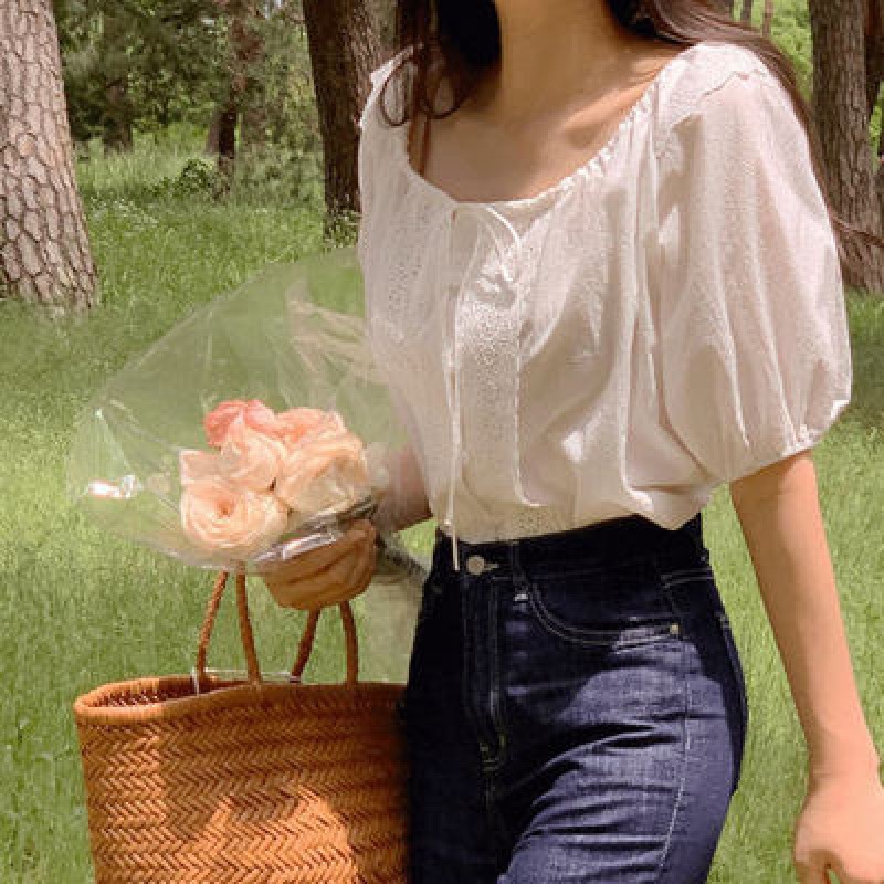 韩国chic夏季法式甜美花边拼接方领系带泡泡袖宽松短袖衬衫上