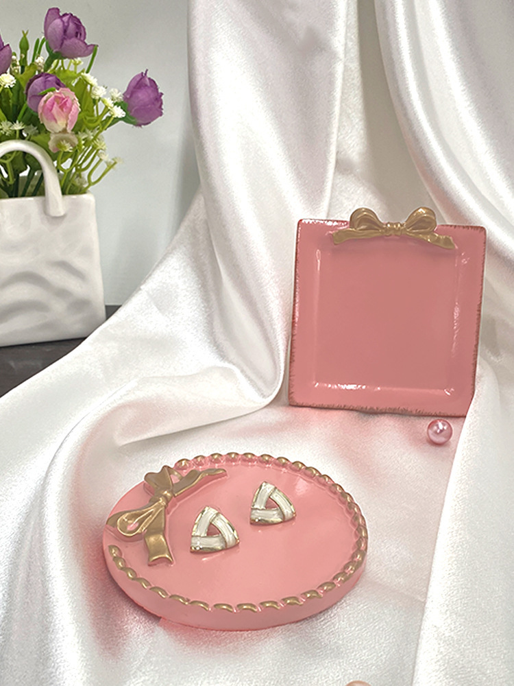 粉白蝴蝶结方圆首饰碟b04