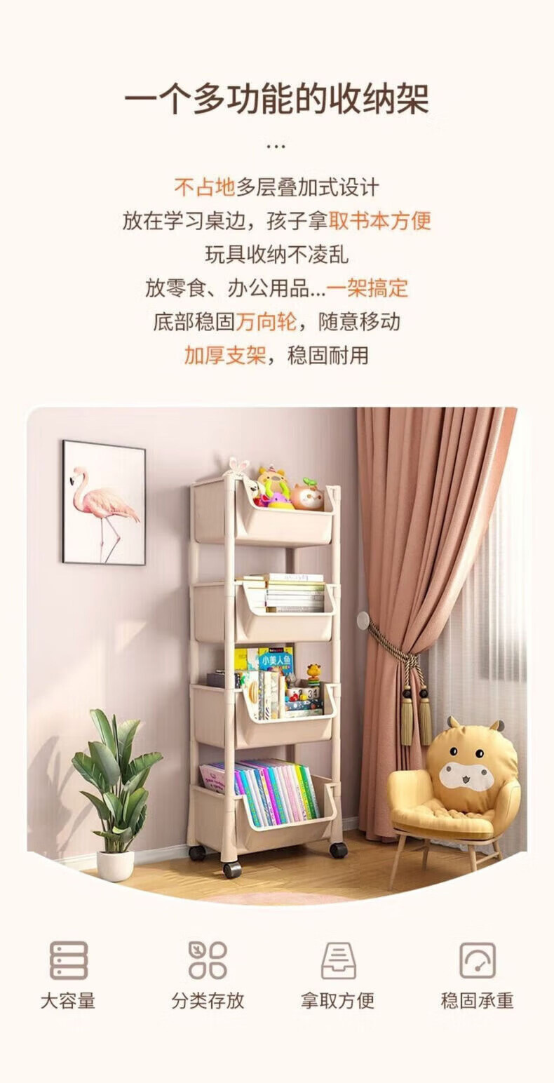 可移动书架家用零食落地客厅收纳书架厨房果蔬菜篮小推车置物架