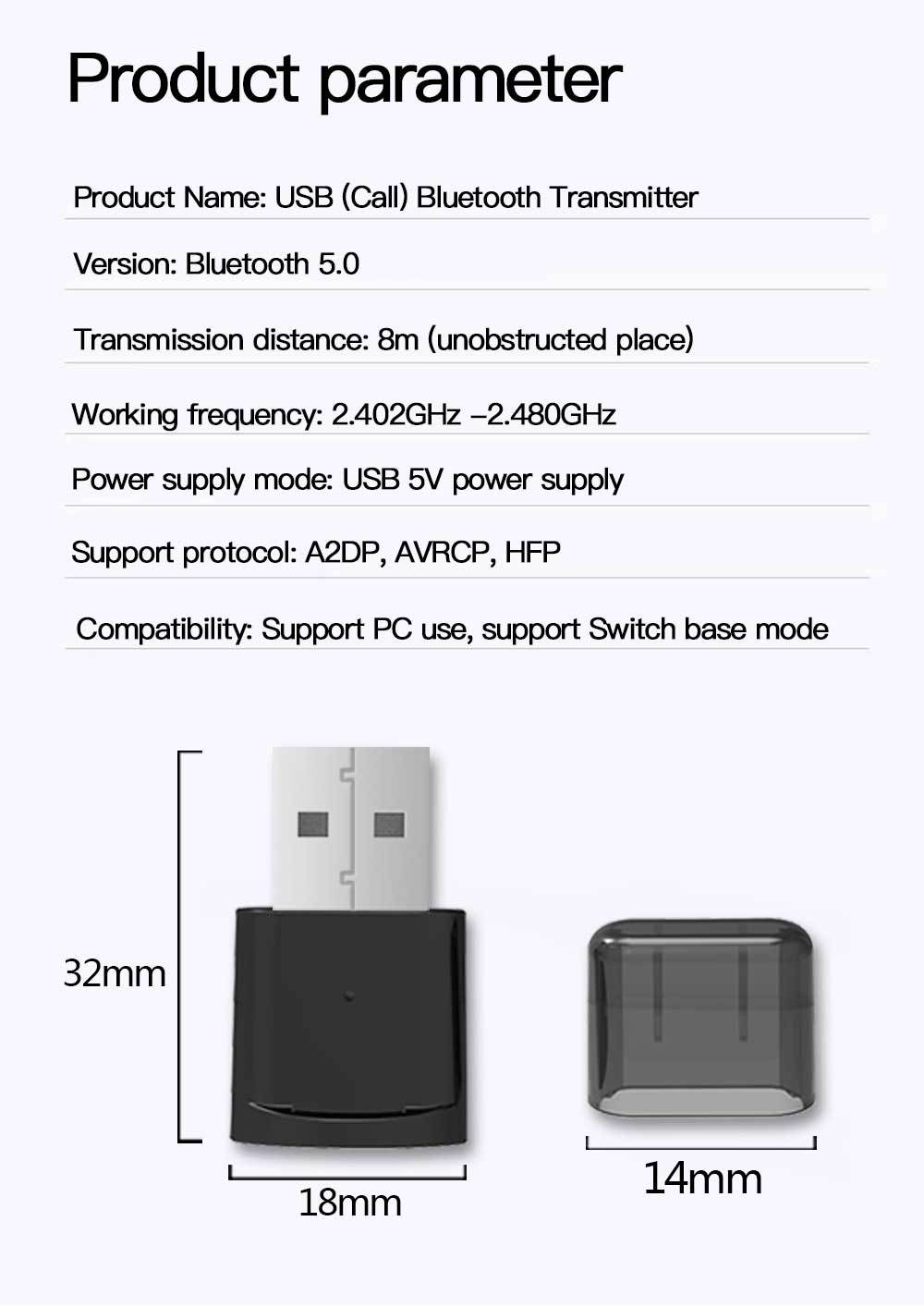 跨境USB5.0蓝牙音频发射器蓝牙发射器适用PC Switch底座USB接口