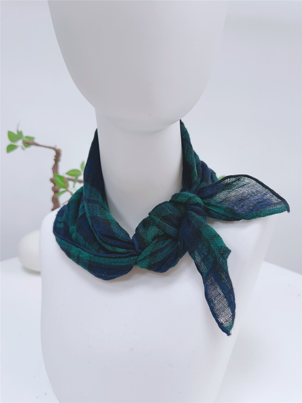 棉麻绿色大格子方巾 (2)