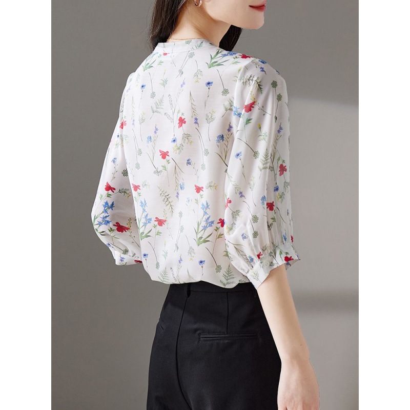 雪纺衫女七分袖夏季2023新款衬衫宽松小清新印花遮肚子显瘦上