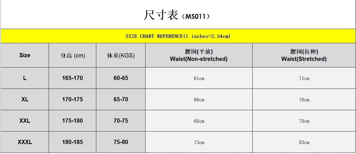 男士泳裤尺寸表(MS011)