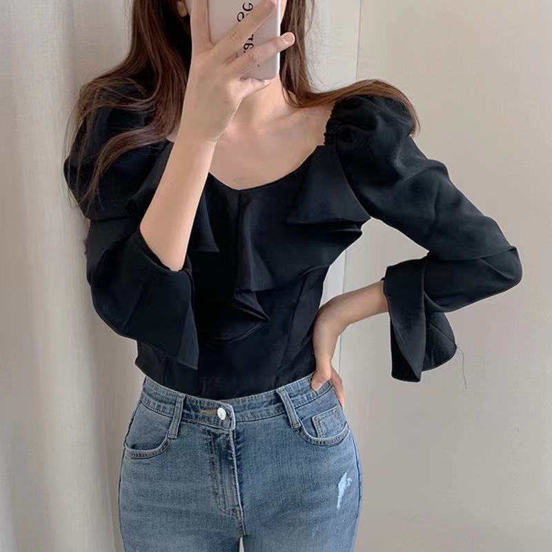 2024春秋装法式木耳边修身长袖衬衫女设计感小众小个子显高显