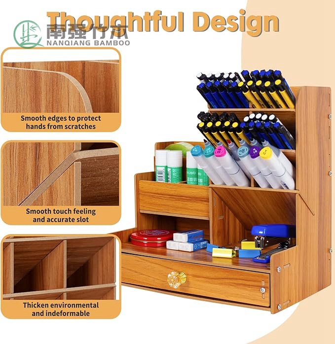 木制办公桌收纳盒,桌面文具支架,用于笔标记,化妆刷,口红存储