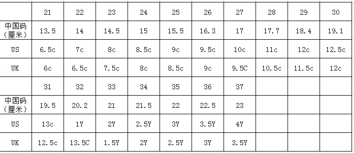 尺码表