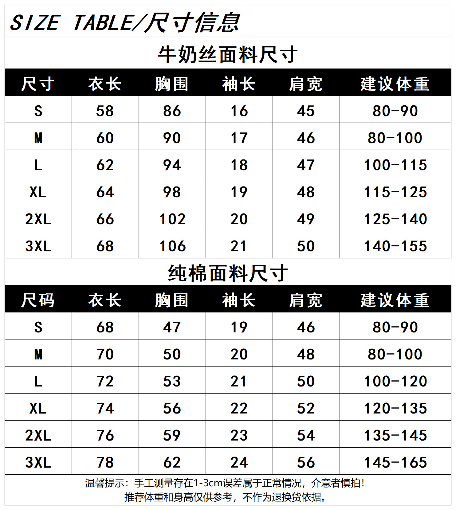 牛奶丝普通款和落肩款纯棉尺寸表_Sheet1