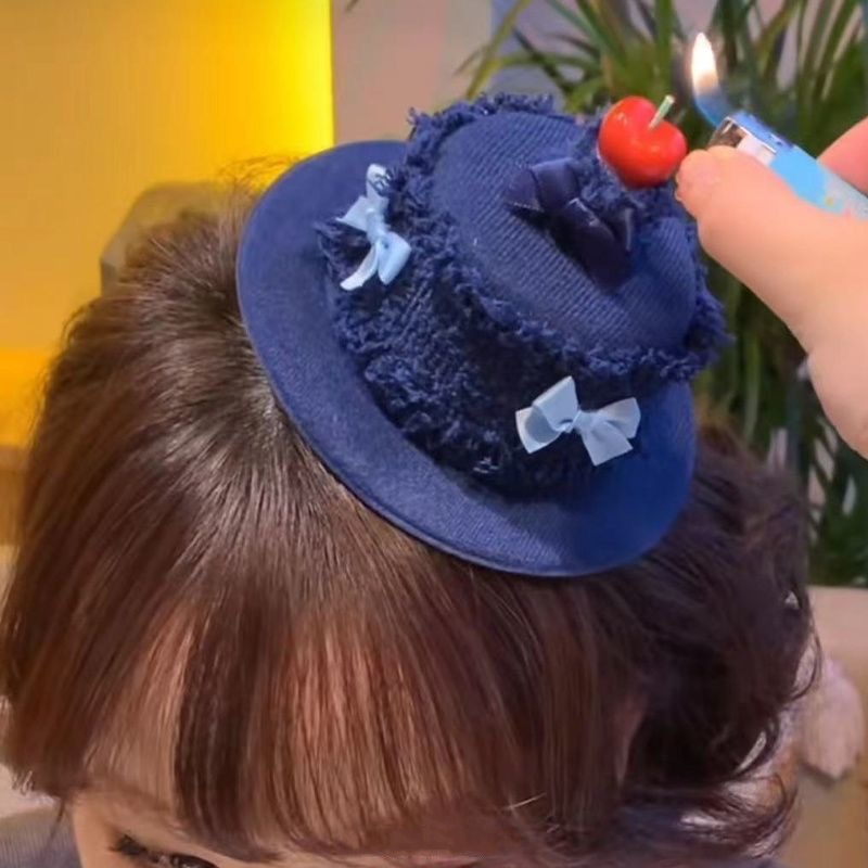 可以点火!奶油蛋糕牛仔蝴蝶结樱桃生日帽蜡烛发夹女可爱帽子头饰