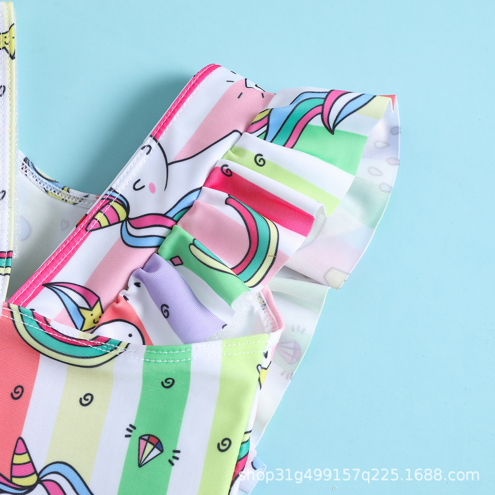 独角兽印花女童飞袖荷叶边连体女宝宝三角温泉沙滩游泳