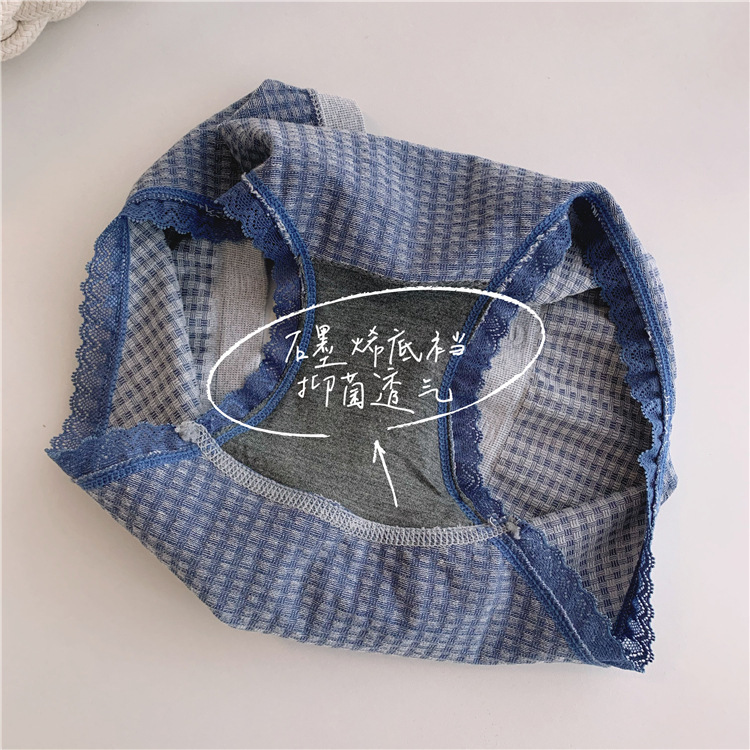 帮手描述图：日系格子少女内裤中腰无缝石墨烯纯棉裆蕾丝边提臀可