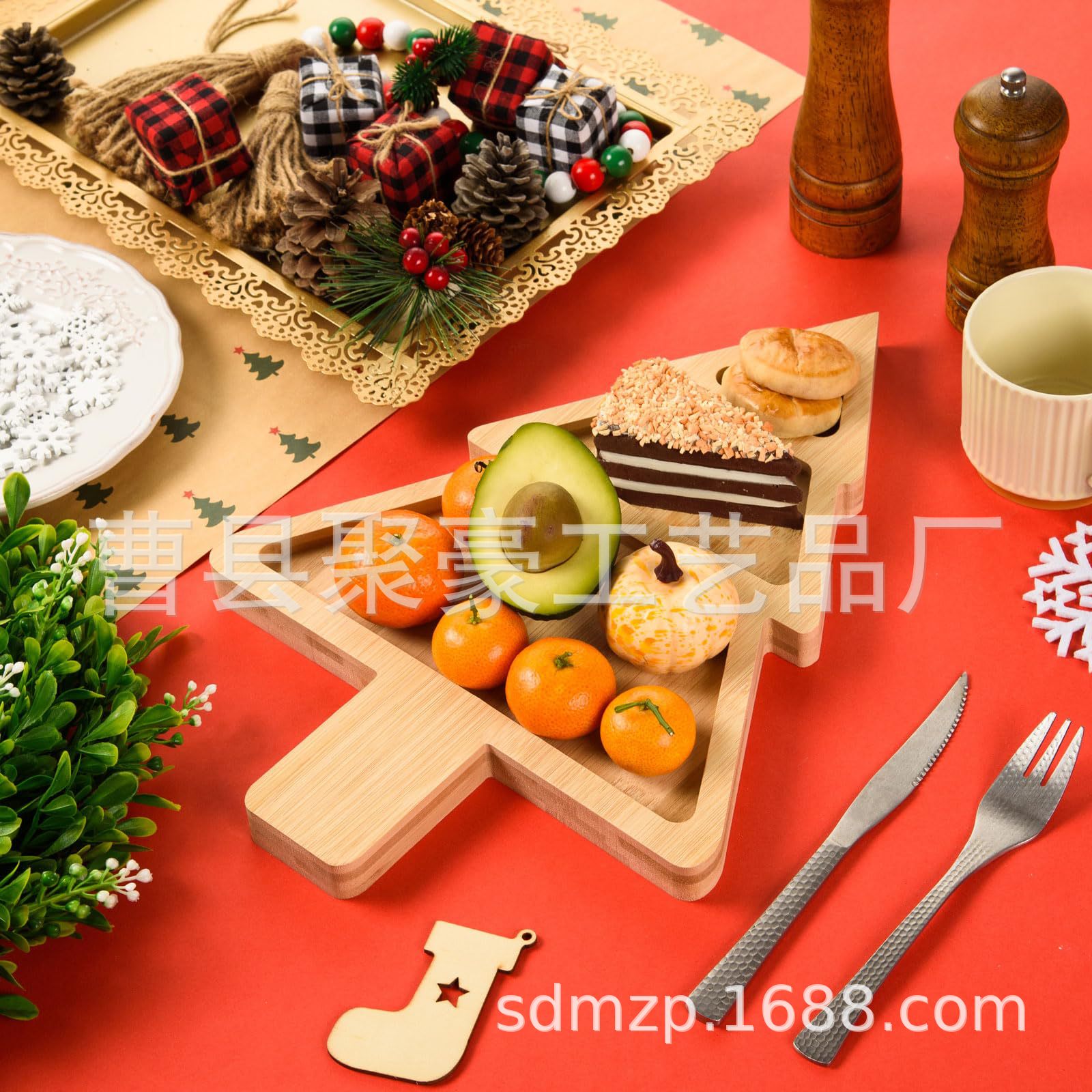 圣诞餐具干果零食多格木盘家水果盘子餐厅快餐盘木质托盘厂家批发
