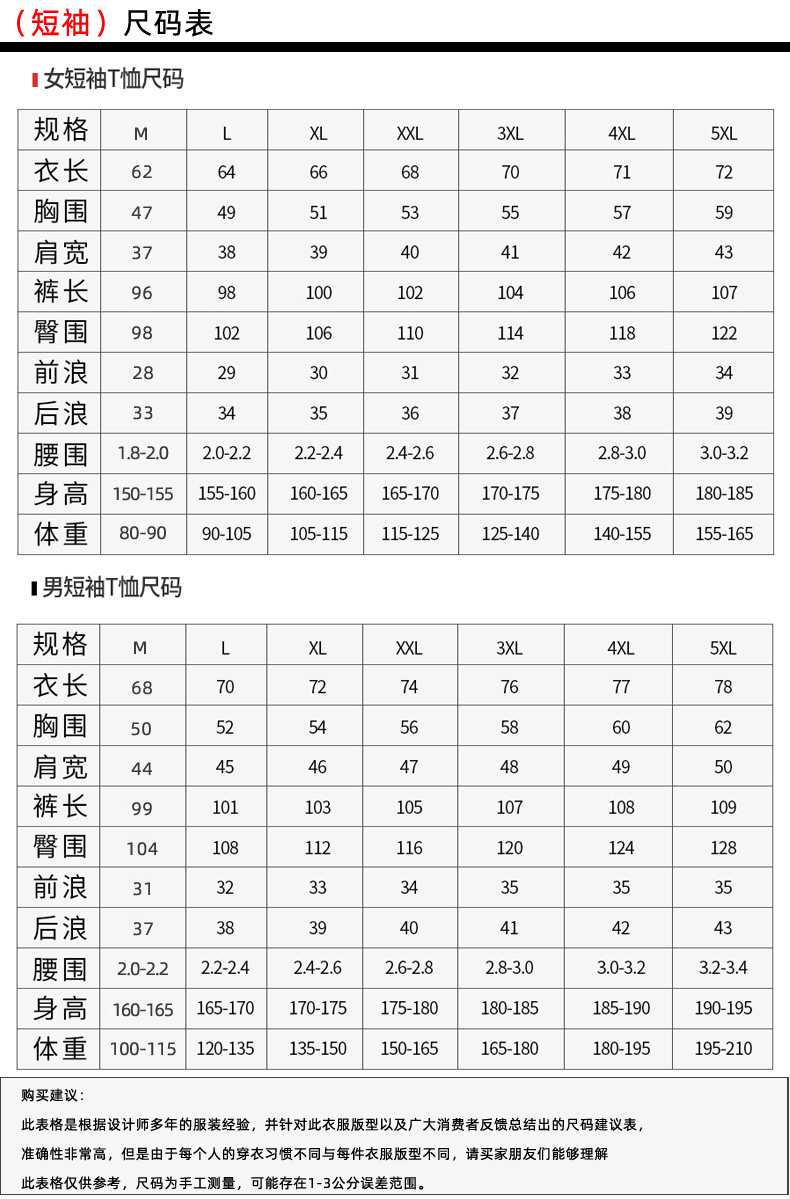 短袖尺码表