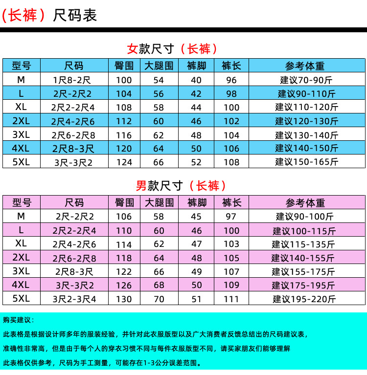 长裤尺码表