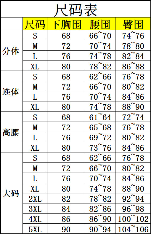 2020奇异泳衣     尺码表