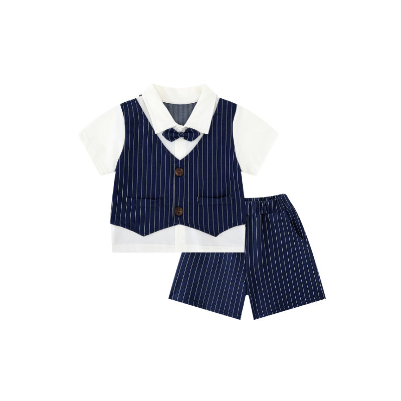 蓝竖条绅士小西装翻领领结短袖套装.jpg