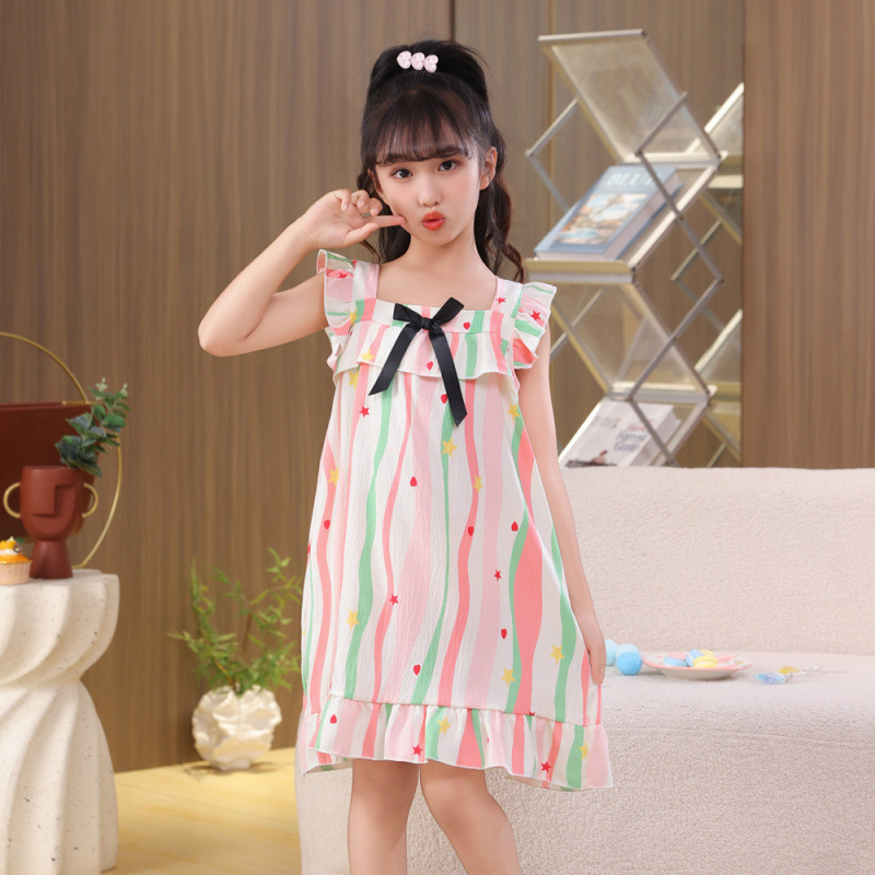 2025夏季儿童睡衣女薄款云朵棉短袖方领裙空调服大中小童家居