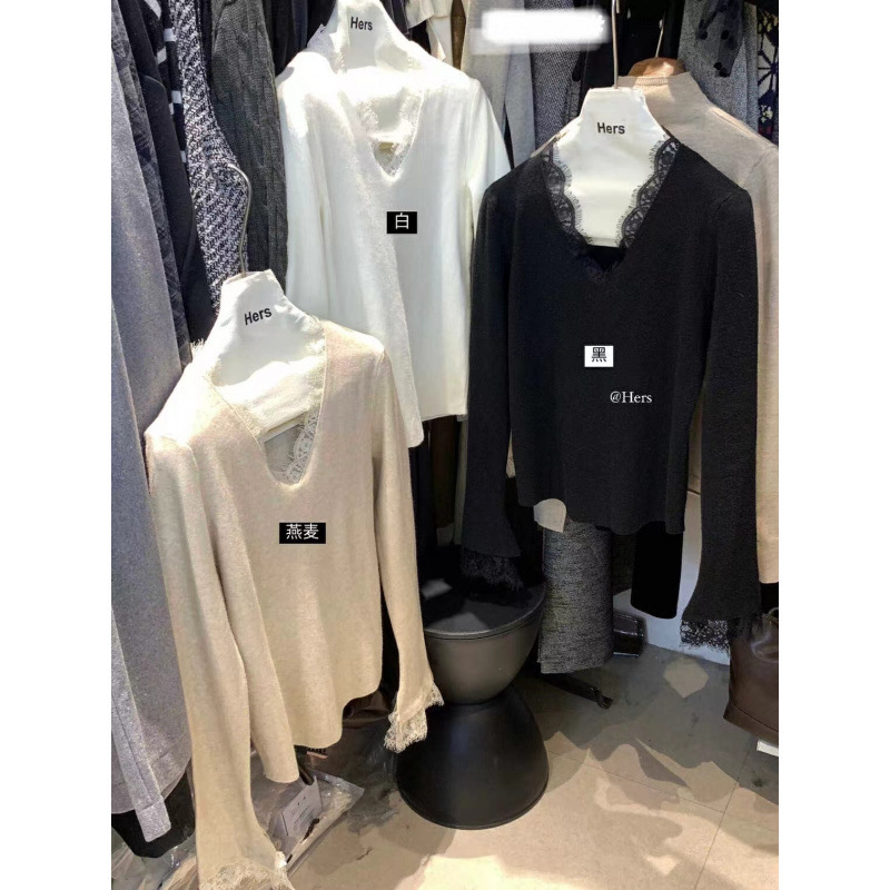 恒滨泰羊绒百搭设计感蕾丝拼接纯色V领毛衣针织修身打底衫上衣女