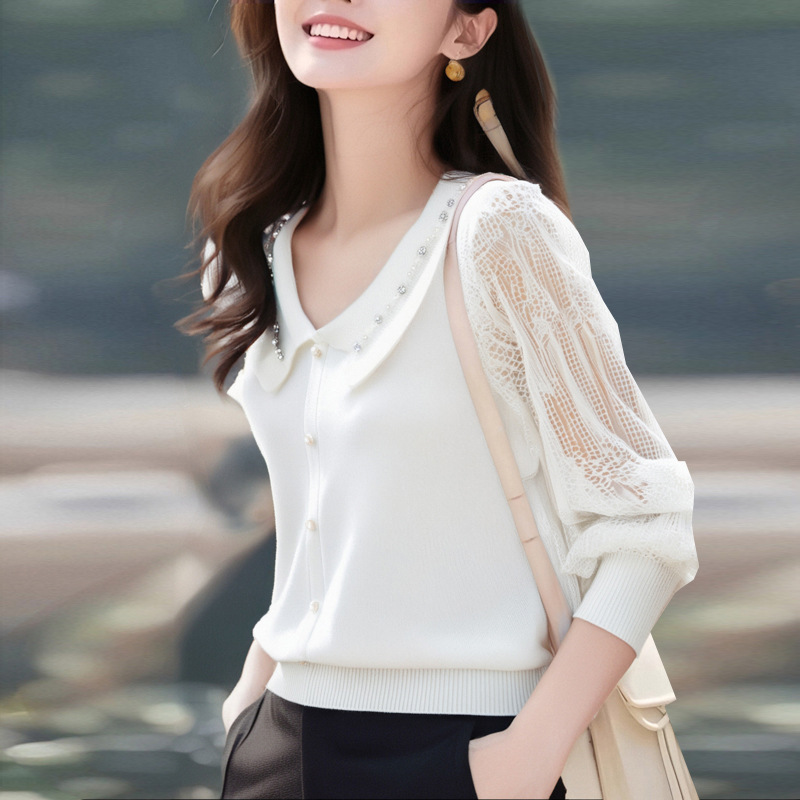 实拍！实拍！有大图！2025秋冬新V领针织上衣蕾丝纱袖娃娃领