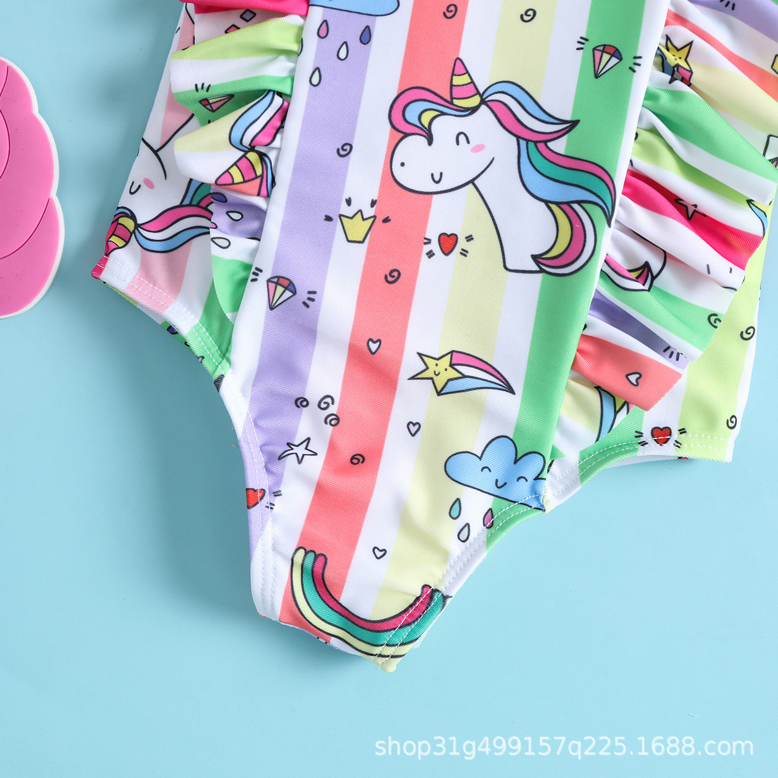 独角兽印花女童飞袖荷叶边连体女宝宝三角温泉沙滩游泳