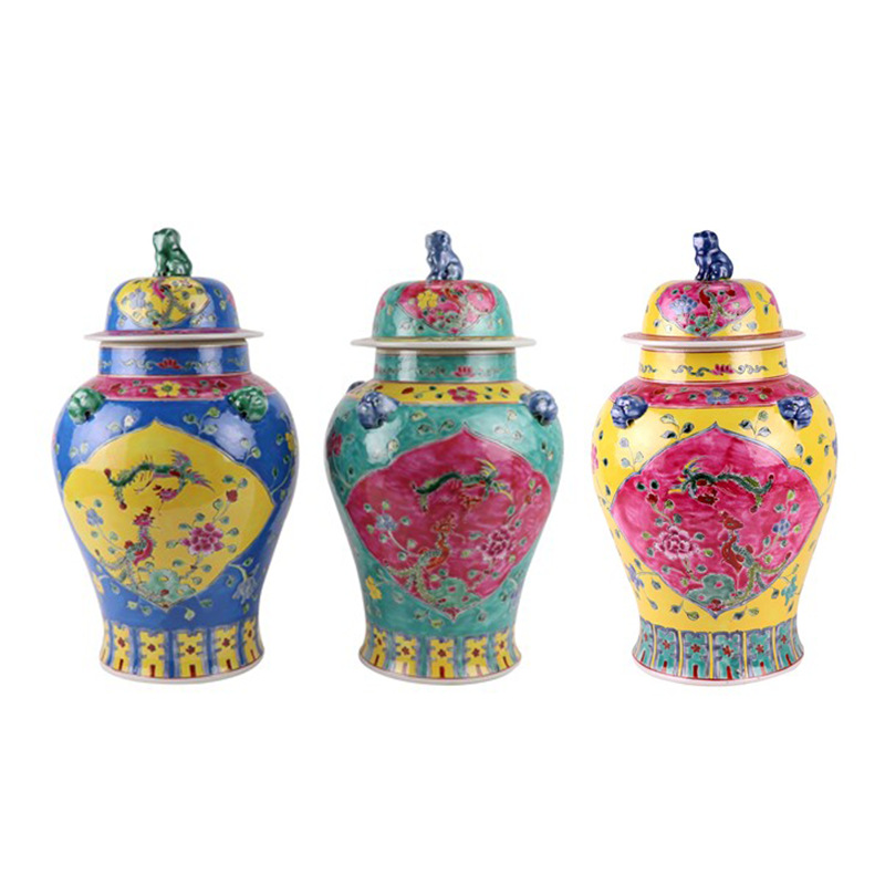 RYZG34-C  粉彩黄底开窗凤凰纹将军罐底部