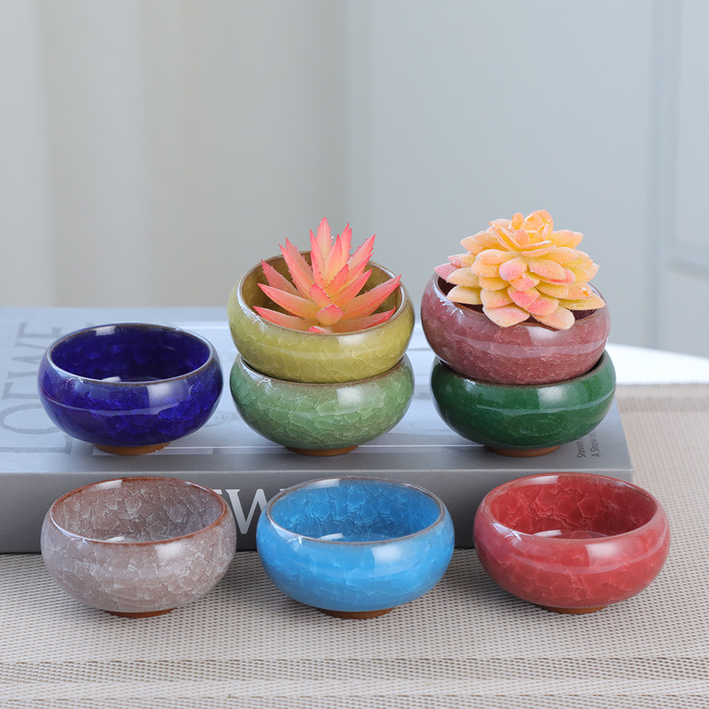 冰裂陶瓷花盆迷你拇指多肉花盆冰裂釉外贸跨境爆品八色多彩多肉盆