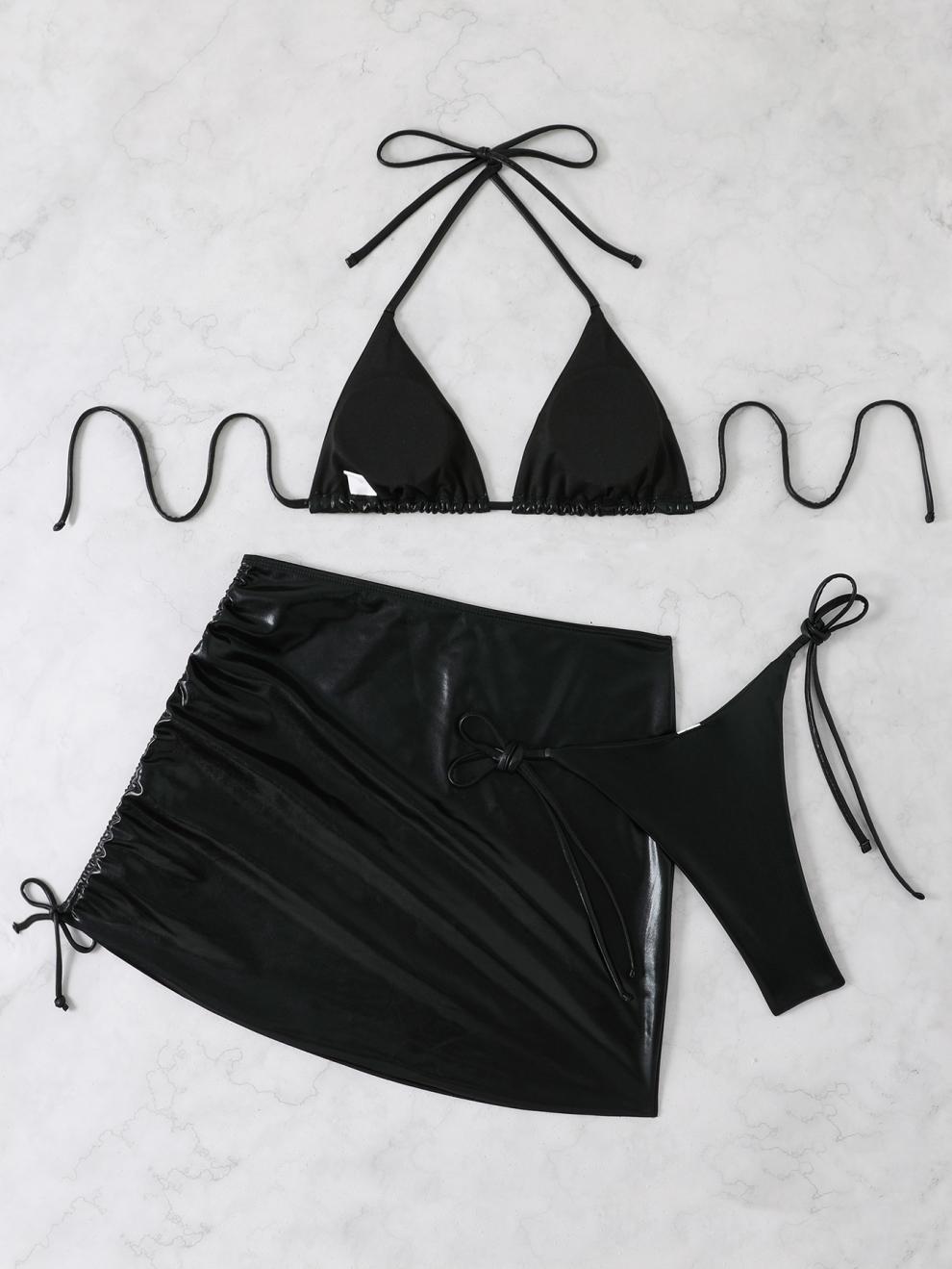 商品详情图_欧美新款泳衣女烫金三件套性感比基尼纯色金属分体三