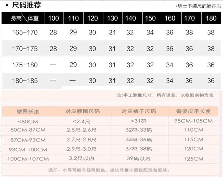 身高体重尺码对照表