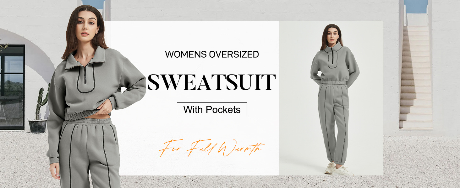 Womens Sweat Sets Fleece Sweatsuit 2 Piece Outfit Half Zip Sweatshirt Joggers Tracksuit Set