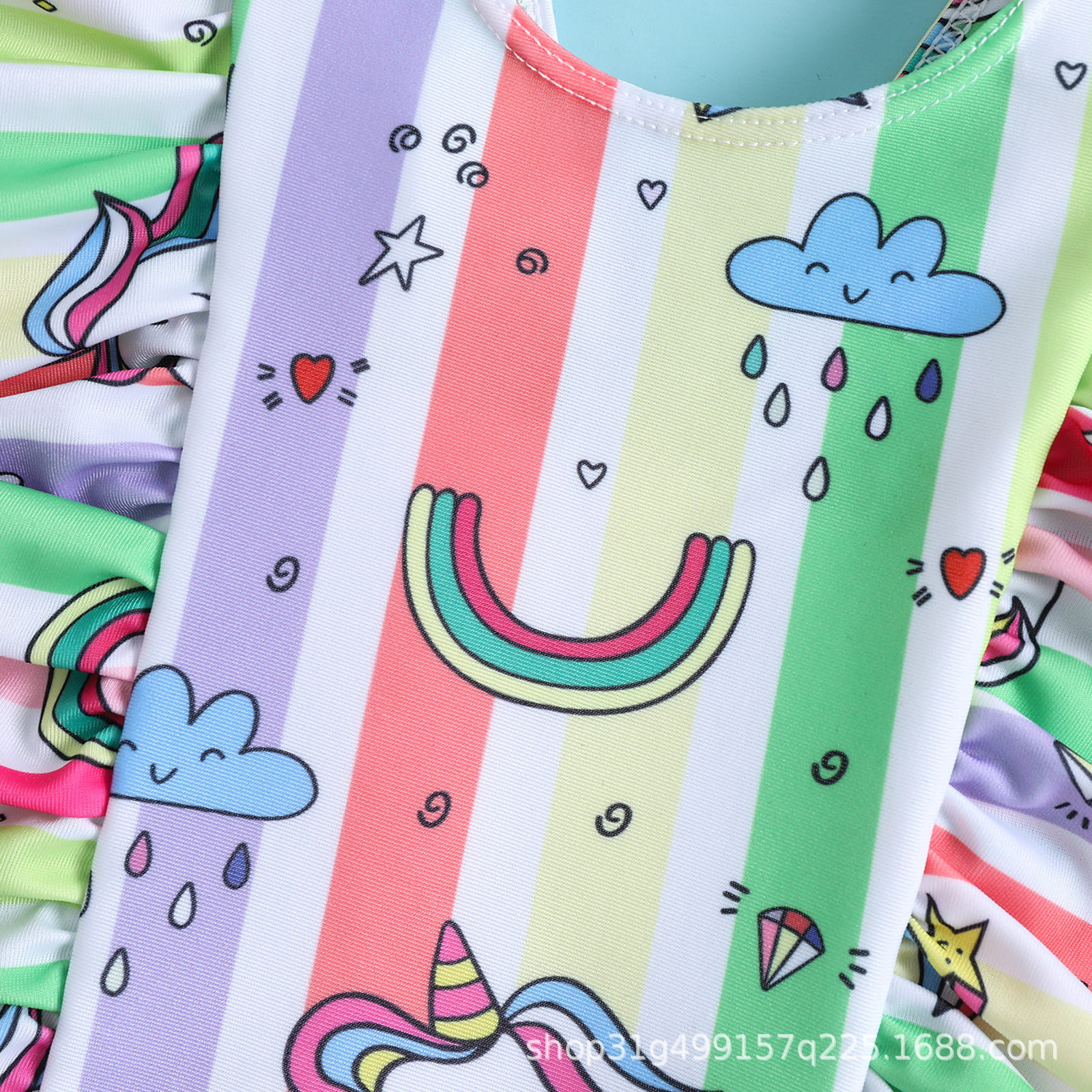 独角兽印花女童飞袖荷叶边连体女宝宝三角温泉沙滩游泳